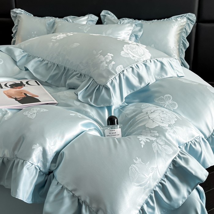 91家纺网 家纺一手货源 找家纺 （总）千希家纺 2025春夏新款亮丝贡缎提花花边款四件套-专版花蝶系列