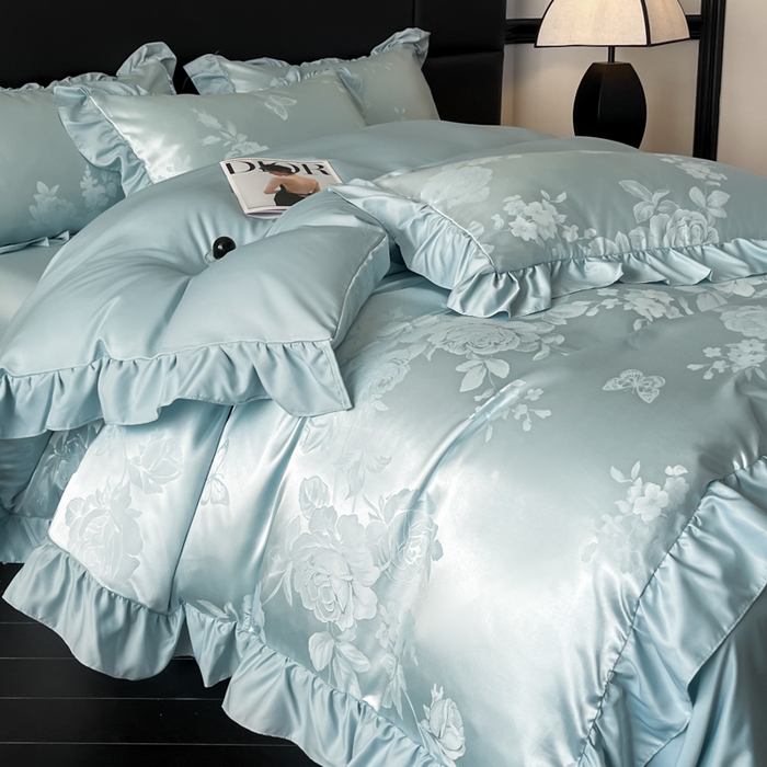 91家纺网 家纺一手货源 找家纺 （总）千希家纺 2025春夏新款亮丝贡缎提花花边款四件套-专版花蝶系列