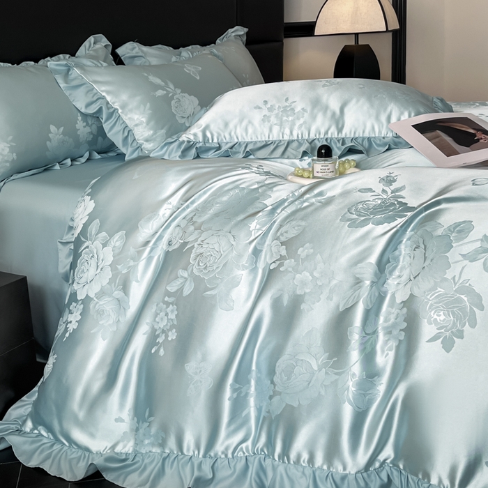 （总）千希家纺 2025春夏新款亮丝贡缎提花花边款四件套-专版花蝶系列