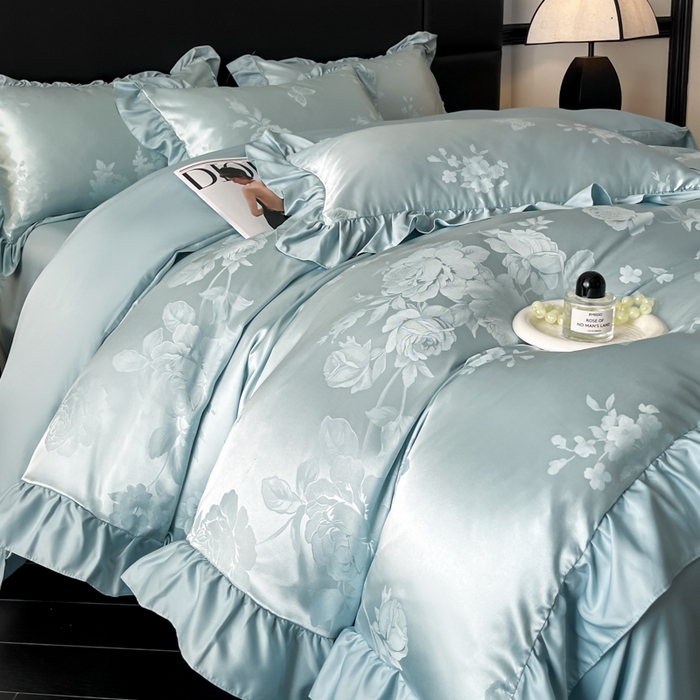 91家纺网 家纺一手货源 找家纺 （总）千希家纺 2025春夏新款亮丝贡缎提花花边款四件套-专版花蝶系列