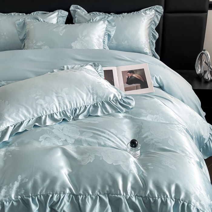 91家纺网 家纺一手货源 找家纺 （总）千希家纺 2025春夏新款亮丝贡缎提花花边款四件套-专版花蝶系列