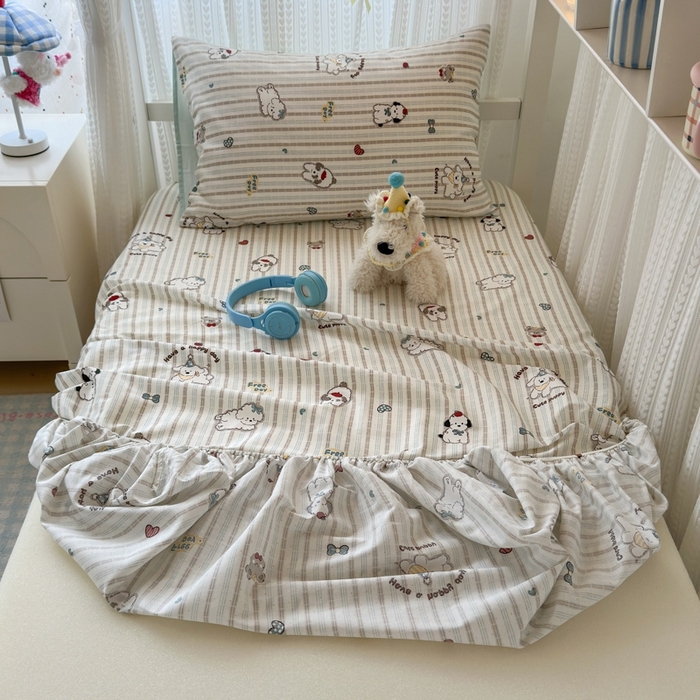 91家纺网 家纺一手货源 找家纺 曼之夏 2025新款全棉纯棉印花学生宿舍上下铺单床笠床笠单件单品床笠 茶茶狗