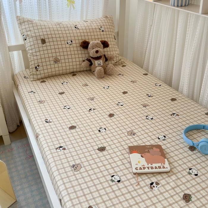 91家纺网 家纺一手货源 找家纺 曼之夏 2025新款全棉纯棉印花学生宿舍上下铺单床笠床笠单件单品床笠 曲奇小狗