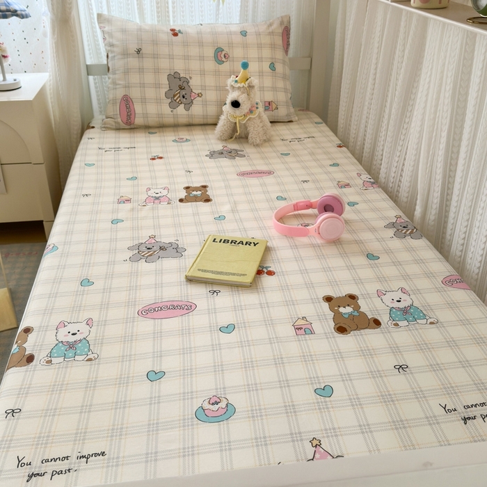 91家纺网 家纺一手货源 找家纺 曼之夏 2025新款全棉纯棉印花学生宿舍上下铺单床笠床笠单件单品床笠 樱桃熊仔