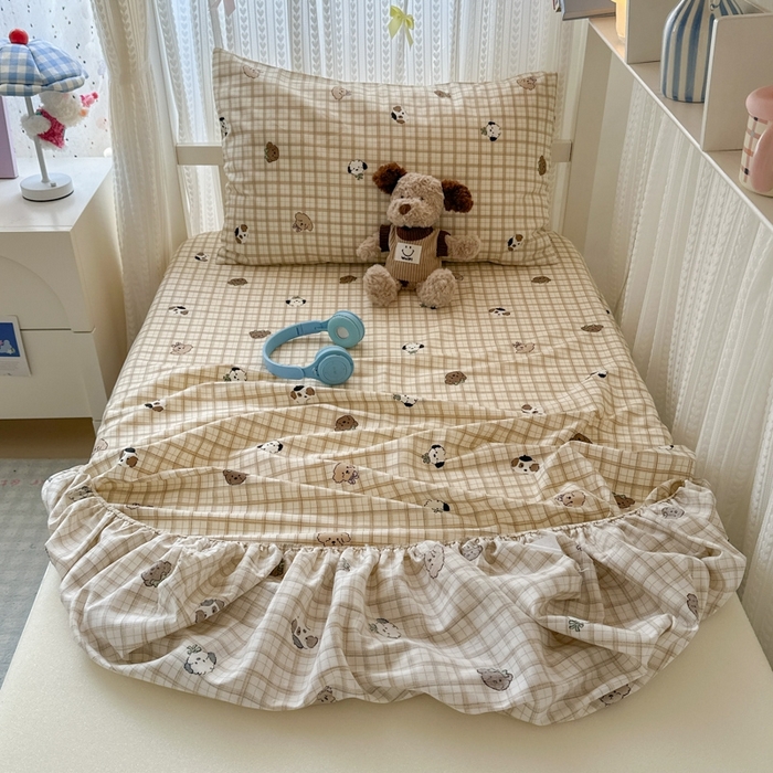 91家纺网 家纺一手货源 找家纺 曼之夏 2025新款全棉纯棉印花学生宿舍上下铺单床笠床笠单件单品床笠 曲奇小狗