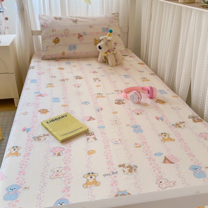 91家纺网 家纺一手货源 找家纺 曼之夏 2025新款全棉纯棉印花学生宿舍上下铺单床笠床笠单件单品床笠 可爱多