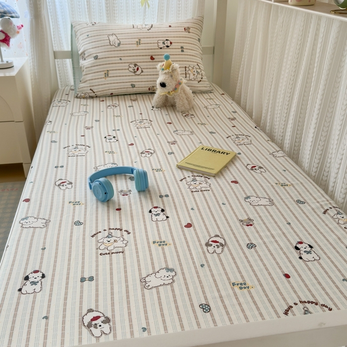 91家纺网 家纺一手货源 找家纺 曼之夏 2025新款全棉纯棉印花学生宿舍上下铺单床笠床笠单件单品床笠 茶茶狗