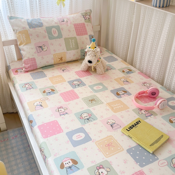 91家纺网 家纺一手货源 找家纺 曼之夏 2025新款全棉纯棉印花学生宿舍上下铺单床笠床笠单件单品床笠 开心屋