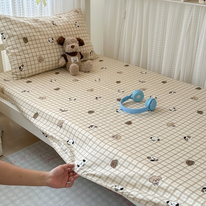 91家纺网 家纺一手货源 找家纺 曼之夏 2025新款全棉纯棉印花学生宿舍上下铺单床笠床笠单件单品床笠 曲奇小狗