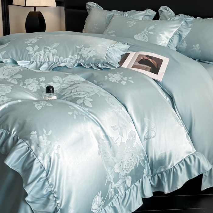 91家纺网 家纺一手货源 找家纺 （总）千希家纺 2025春夏新款亮丝贡缎提花花边款四件套-专版花蝶系列