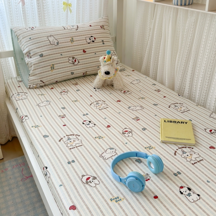 91家纺网 家纺一手货源 找家纺 曼之夏 2025新款全棉纯棉印花学生宿舍上下铺单床笠床笠单件单品床笠 茶茶狗