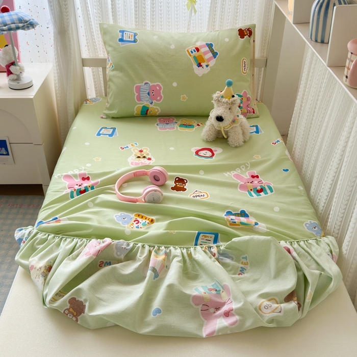 91家纺网 家纺一手货源 找家纺 曼之夏 2025新款全棉纯棉印花学生宿舍上下铺单床笠床笠单件单品床笠 趣味熊