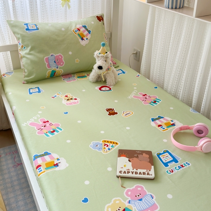 91家纺网 家纺一手货源 找家纺 曼之夏 2025新款全棉纯棉印花学生宿舍上下铺单床笠床笠单件单品床笠 趣味熊