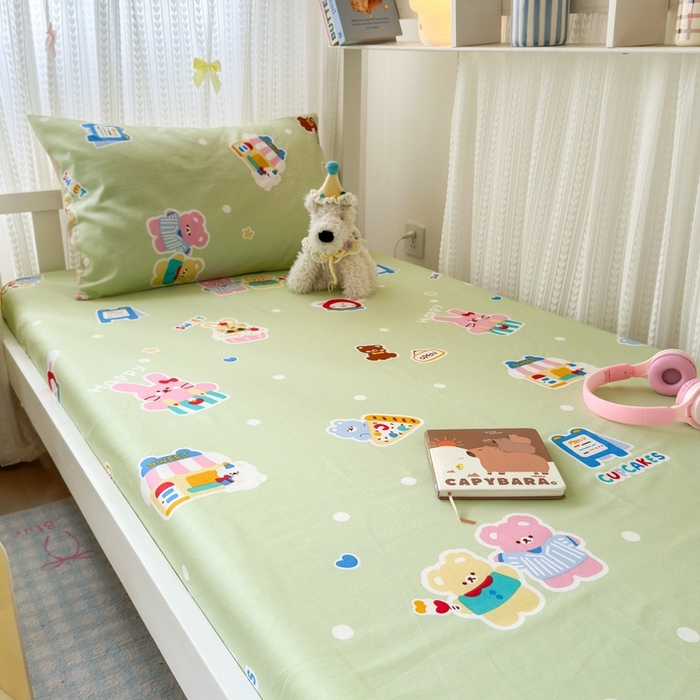 91家纺网 家纺一手货源 找家纺 曼之夏 2025新款全棉纯棉印花学生宿舍上下铺单床笠床笠单件单品床笠 趣味熊