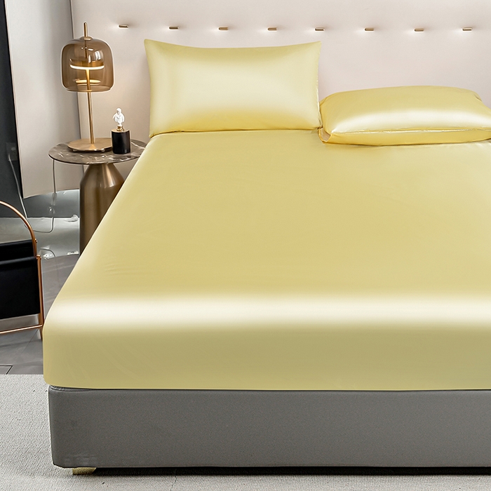 91家纺网 家纺一手货源 找家纺 柏钧家纺 2024新款跨境直播色丁防水床笠淡黄