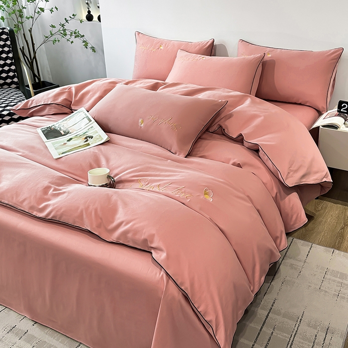 91家纺网 家纺一手货源 找家纺 宇彬家纺 2025直播热款新款13374全棉母婴级麻绳滚边纯棉色刺绣单品被套 轻奢 奶油粉