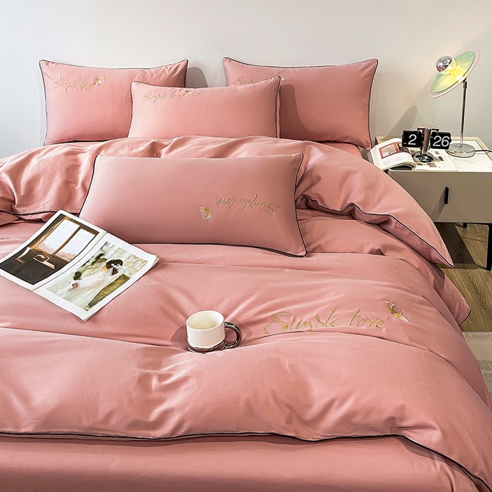 91家纺网 家纺一手货源 找家纺 宇彬家纺 2025直播热款新款13374全棉母婴级麻绳滚边纯棉色刺绣单品被套 轻奢 奶油粉