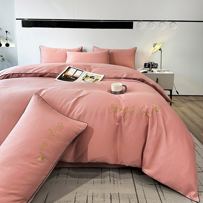 91家纺网 家纺一手货源 找家纺 宇彬家纺 2025直播热款新款13374全棉母婴级麻绳滚边纯棉色刺绣单品被套 轻奢 奶油粉