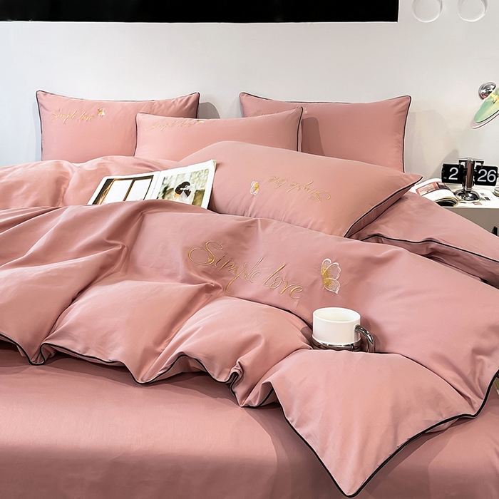 91家纺网 家纺一手货源 找家纺 宇彬家纺 2025直播热款新款13374全棉母婴级麻绳滚边纯棉色刺绣单品被套 轻奢 奶油粉