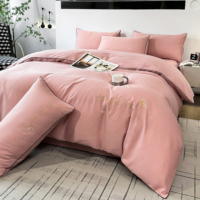 91家纺网 家纺一手货源 找家纺 宇彬家纺 2025直播热款新款13374全棉母婴级麻绳滚边纯棉色刺绣单品被套 轻奢 奶油粉