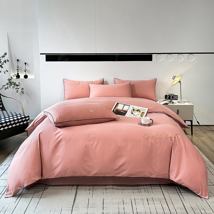 91家纺网 家纺一手货源 找家纺 宇彬家纺 2025直播热款新款13374全棉母婴级麻绳滚边纯棉色刺绣单品被套 轻奢 奶油粉