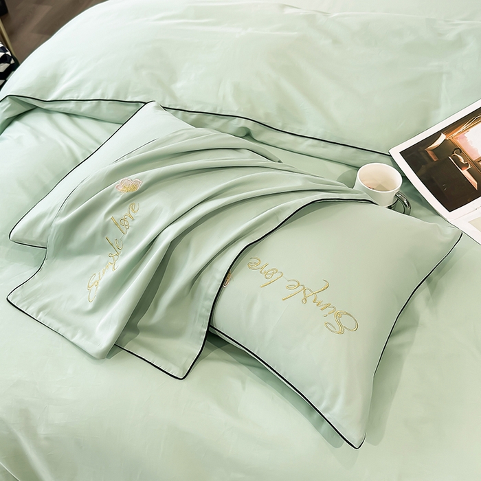 91家纺网 家纺一手货源 找家纺 宇彬家纺 2025直播热款新款13374全棉母婴级麻绳滚边纯棉色刺绣单品被套 轻奢 炫彩绿