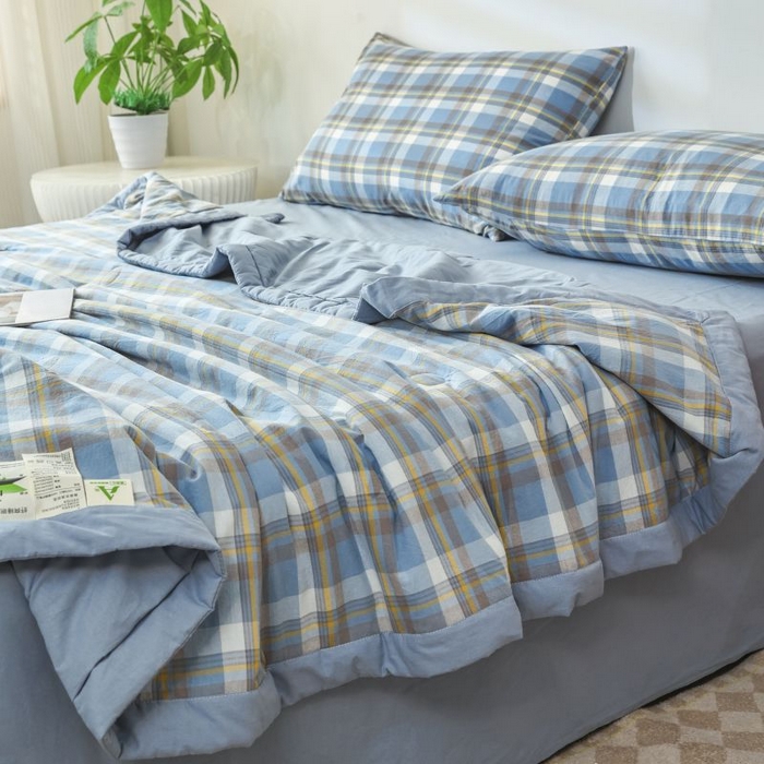 91家纺网 家纺一手货源 找家纺 美尔惠家纺 2025新款无印风A类色织水洗夏凉被双人空调被夏被夏被四件套可机洗单双人宿舍三件套 简兮-兰