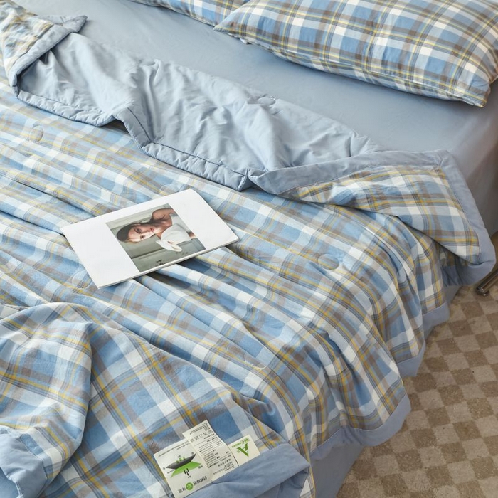 91家纺网 家纺一手货源 找家纺 美尔惠家纺 2025新款无印风A类色织水洗夏凉被双人空调被夏被夏被四件套可机洗单双人宿舍三件套 简兮-兰