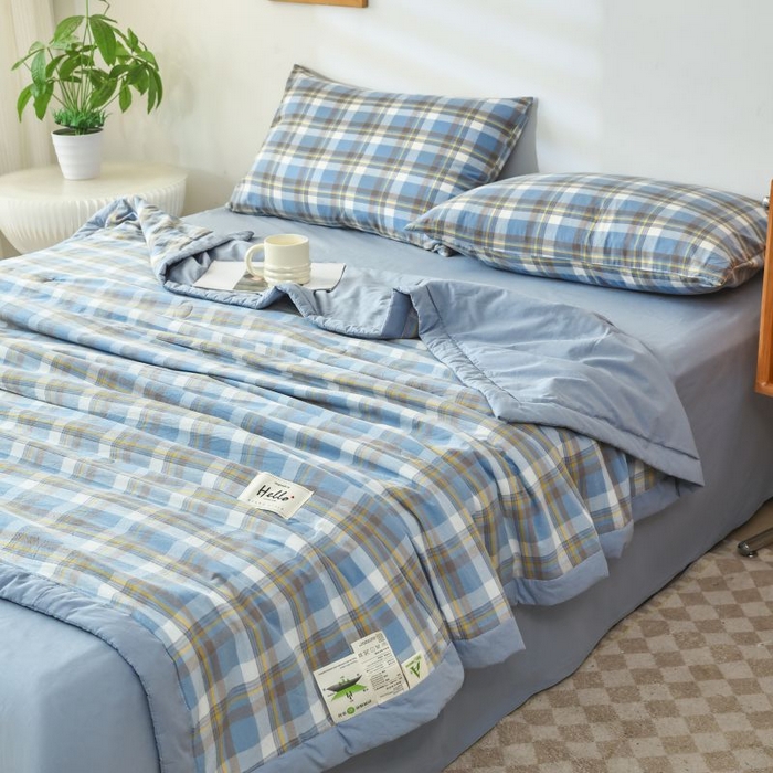 91家纺网 家纺一手货源 找家纺 美尔惠家纺 2025新款无印风A类色织水洗夏凉被双人空调被夏被夏被四件套可机洗单双人宿舍三件套 简兮-兰