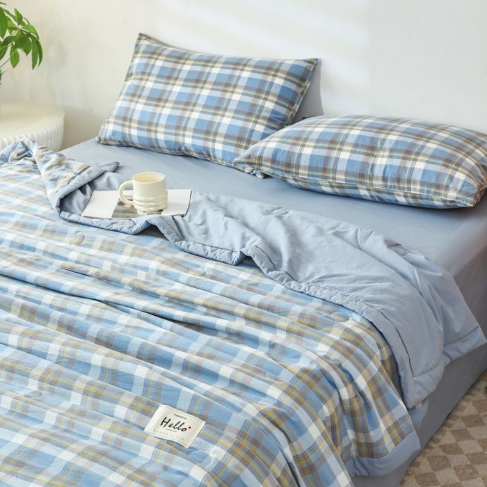 91家纺网 家纺一手货源 找家纺 美尔惠家纺 2025新款无印风A类色织水洗夏凉被双人空调被夏被夏被四件套可机洗单双人宿舍三件套 简兮-兰