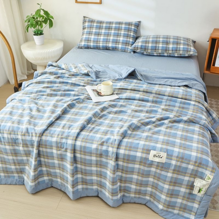 91家纺网 家纺一手货源 找家纺 美尔惠家纺 2025新款无印风A类色织水洗夏凉被双人空调被夏被夏被四件套可机洗单双人宿舍三件套 简兮-兰