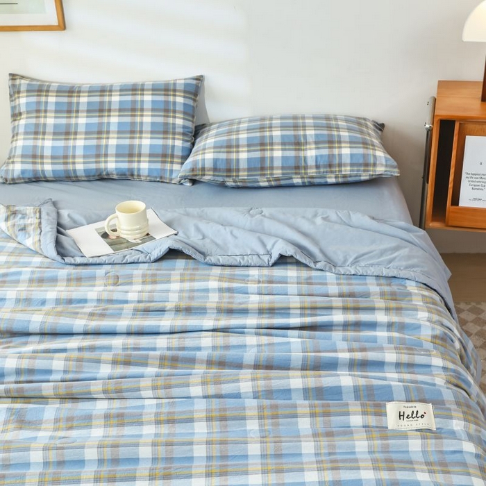 91家纺网 家纺一手货源 找家纺 美尔惠家纺 2025新款无印风A类色织水洗夏凉被双人空调被夏被夏被四件套可机洗单双人宿舍三件套 简兮-兰