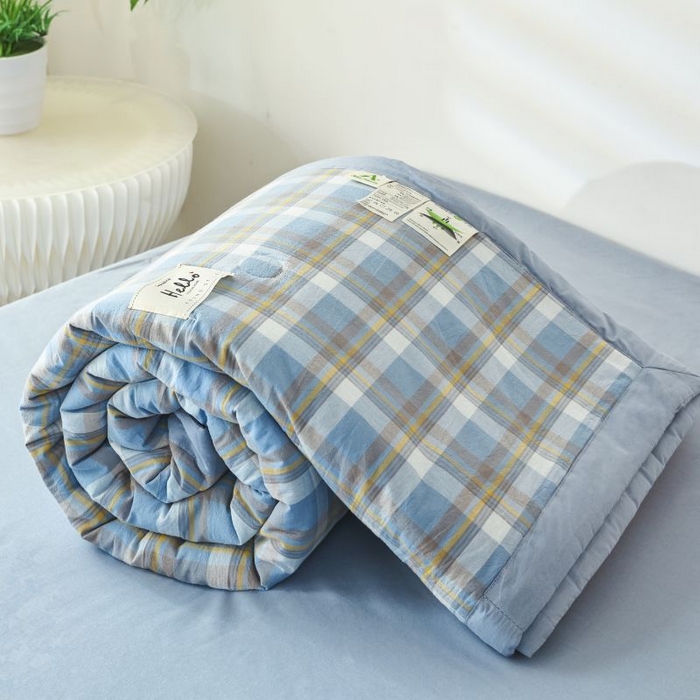 91家纺网 家纺一手货源 找家纺 美尔惠家纺 2025新款无印风A类色织水洗夏凉被双人空调被夏被夏被四件套可机洗单双人宿舍三件套 简兮-兰