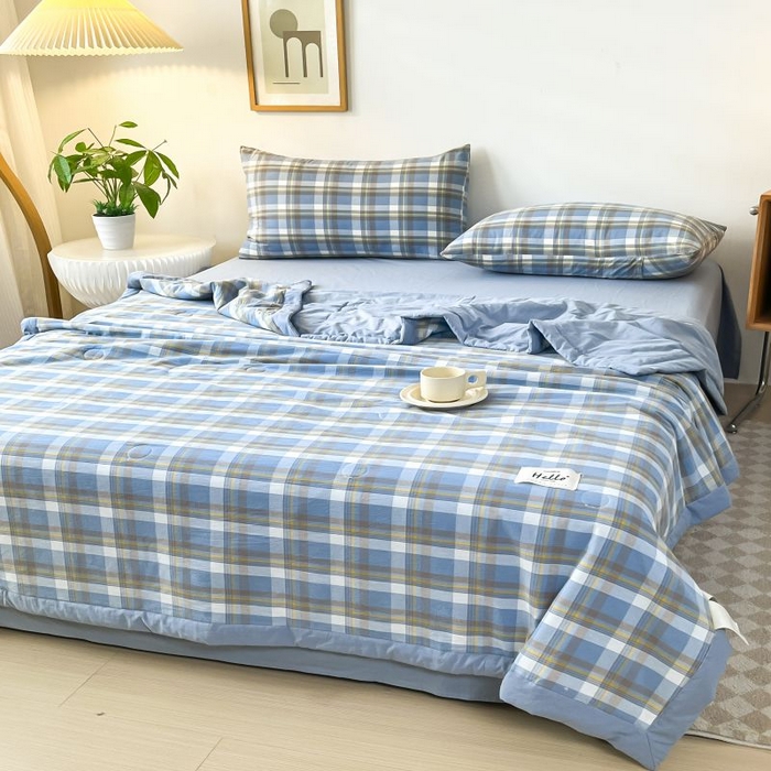 91家纺网 家纺一手货源 找家纺 美尔惠家纺 2025新款无印风A类色织水洗夏凉被双人空调被夏被夏被四件套可机洗单双人宿舍三件套 简兮-兰