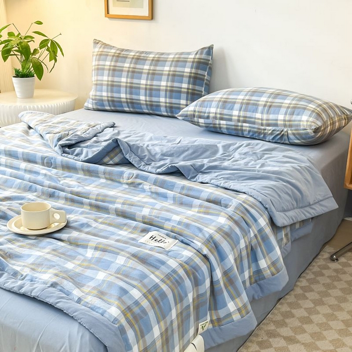 91家纺网 家纺一手货源 找家纺 美尔惠家纺 2025新款无印风A类色织水洗夏凉被双人空调被夏被夏被四件套可机洗单双人宿舍三件套 简兮-兰