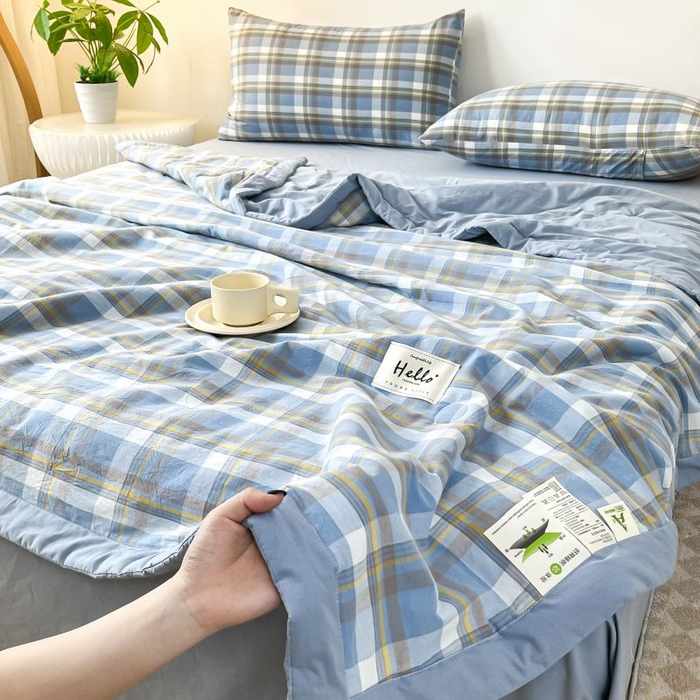 91家纺网 家纺一手货源 找家纺 美尔惠家纺 2025新款无印风A类色织水洗夏凉被双人空调被夏被夏被四件套可机洗单双人宿舍三件套 简兮-兰