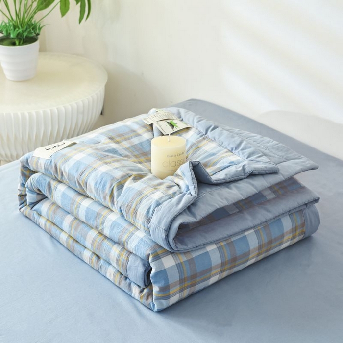 91家纺网 家纺一手货源 找家纺 美尔惠家纺 2025新款无印风A类色织水洗夏凉被双人空调被夏被夏被四件套可机洗单双人宿舍三件套 简兮-兰