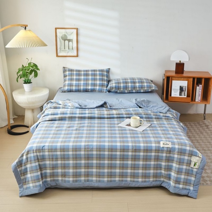 91家纺网 家纺一手货源 找家纺 美尔惠家纺 2025新款无印风A类色织水洗夏凉被双人空调被夏被夏被四件套可机洗单双人宿舍三件套 简兮-兰