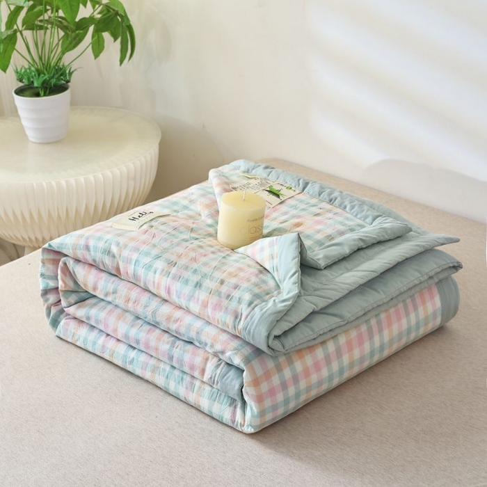 美尔惠家纺 2025新款无印风A类色织水洗夏凉被双人空调被夏被夏被四件套可机洗单双人宿舍三件套 冰淇淋-绿