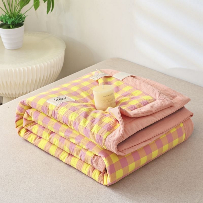 美尔惠家纺 2025新款无印风A类色织水洗夏凉被双人空调被夏被夏被四件套可机洗单双人宿舍三件套 粉黄中格