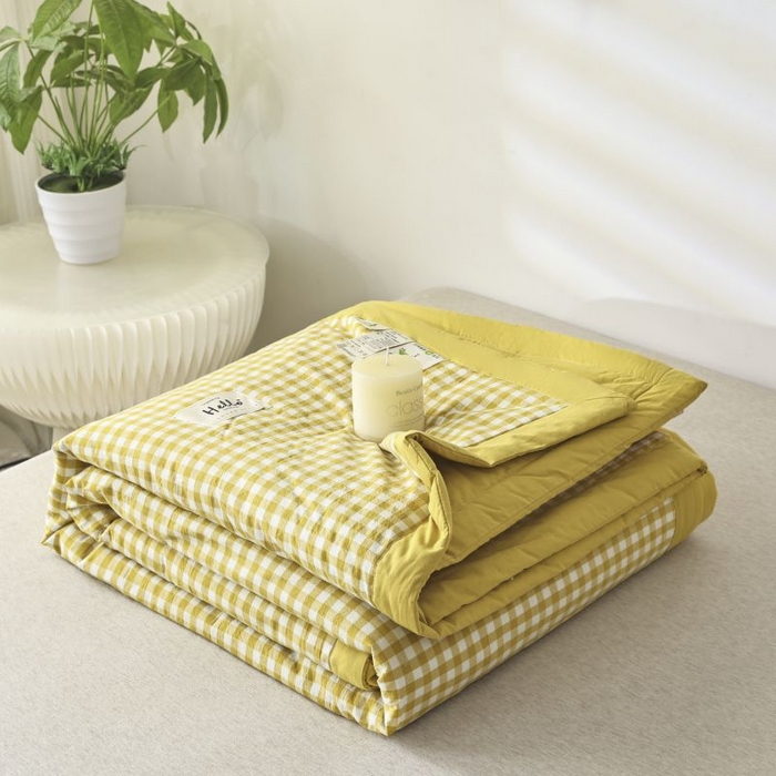 美尔惠家纺 2025新款无印风A类色织水洗夏凉被双人空调被夏被夏被四件套可机洗单双人宿舍三件套 黄小格