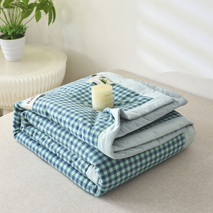 美尔惠家纺 2025新款无印风A类色织水洗夏凉被双人空调被夏被夏被四件套可机洗单双人宿舍三件套 蓝绿小格