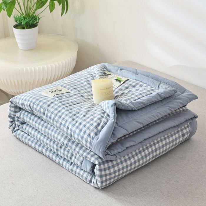 美尔惠家纺 2025新款无印风A类色织水洗夏凉被双人空调被夏被夏被四件套可机洗单双人宿舍三件套 蓝小格