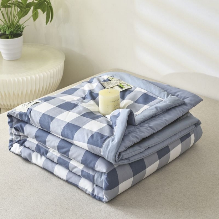 美尔惠家纺 2025新款无印风A类色织水洗夏凉被双人空调被夏被夏被四件套可机洗单双人宿舍三件套 蓝中格