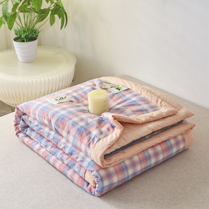 美尔惠家纺 2025新款无印风A类色织水洗夏凉被双人空调被夏被夏被四件套可机洗单双人宿舍三件套 云舒-粉