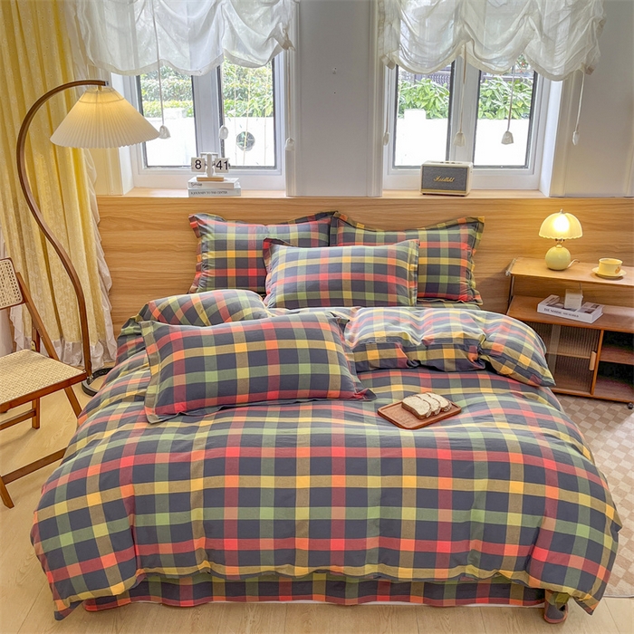 91家纺网 家纺一手货源 找家纺 美尔惠家纺 2025直播热款无印风色织水洗四件套简约格子款学生宿舍三件套床单款 牛油果双拼