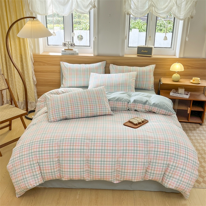 美尔惠家纺 2025直播热款无印风色织水洗四件套简约格子款学生宿舍三件套床单款 冰激凌-绿