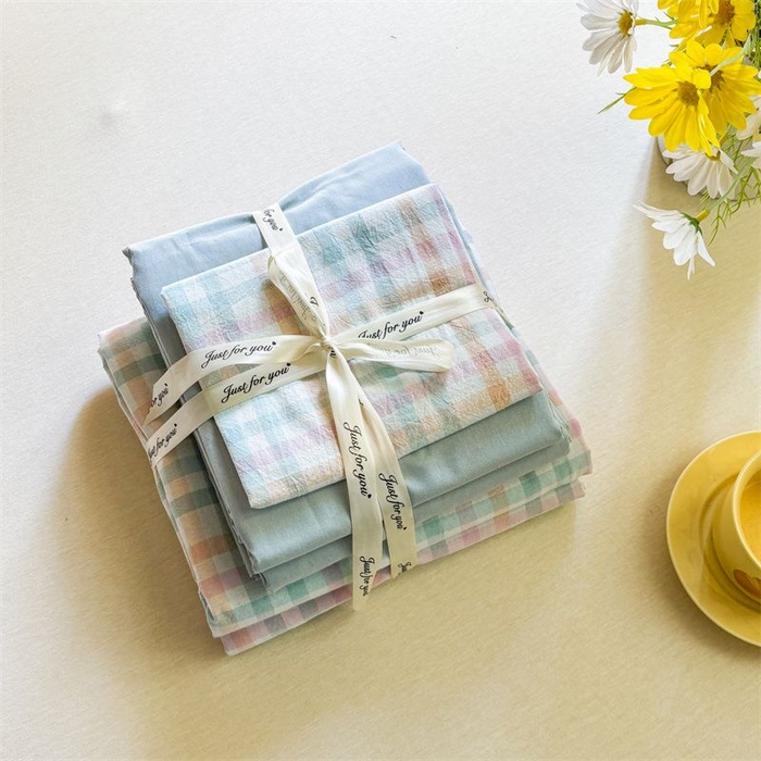 91家纺网 家纺一手货源 找家纺 美尔惠家纺 2025直播热款无印风色织水洗四件套简约格子款学生宿舍三件套床单款 冰激凌-绿