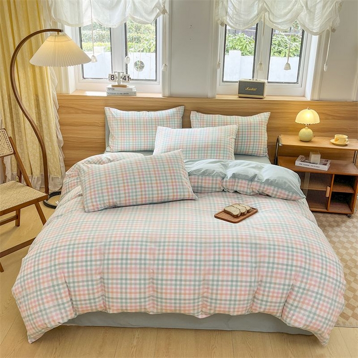 91家纺网 家纺一手货源 找家纺 美尔惠家纺 2025直播热款无印风色织水洗四件套简约格子款学生宿舍三件套床单款 冰激凌-绿