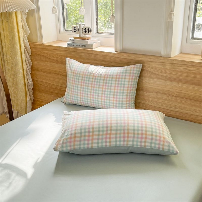 91家纺网 家纺一手货源 找家纺 美尔惠家纺 2025直播热款无印风色织水洗四件套简约格子款学生宿舍三件套床单款 冰激凌-绿